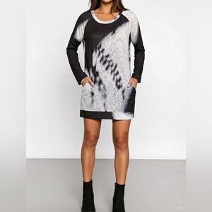 Black White Abstract Print Long Sleeve Casual Tunic Dress Pockets